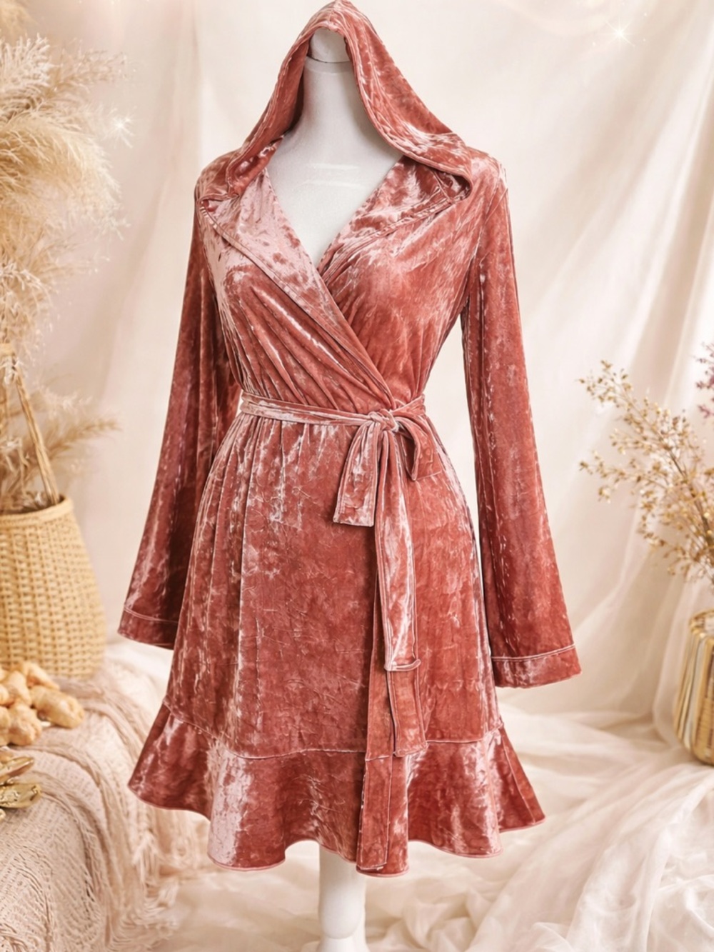 Betsey Johnson Crushed Velvet Wrap Dress Hooded Pink XS S Boho Feminine Flowy